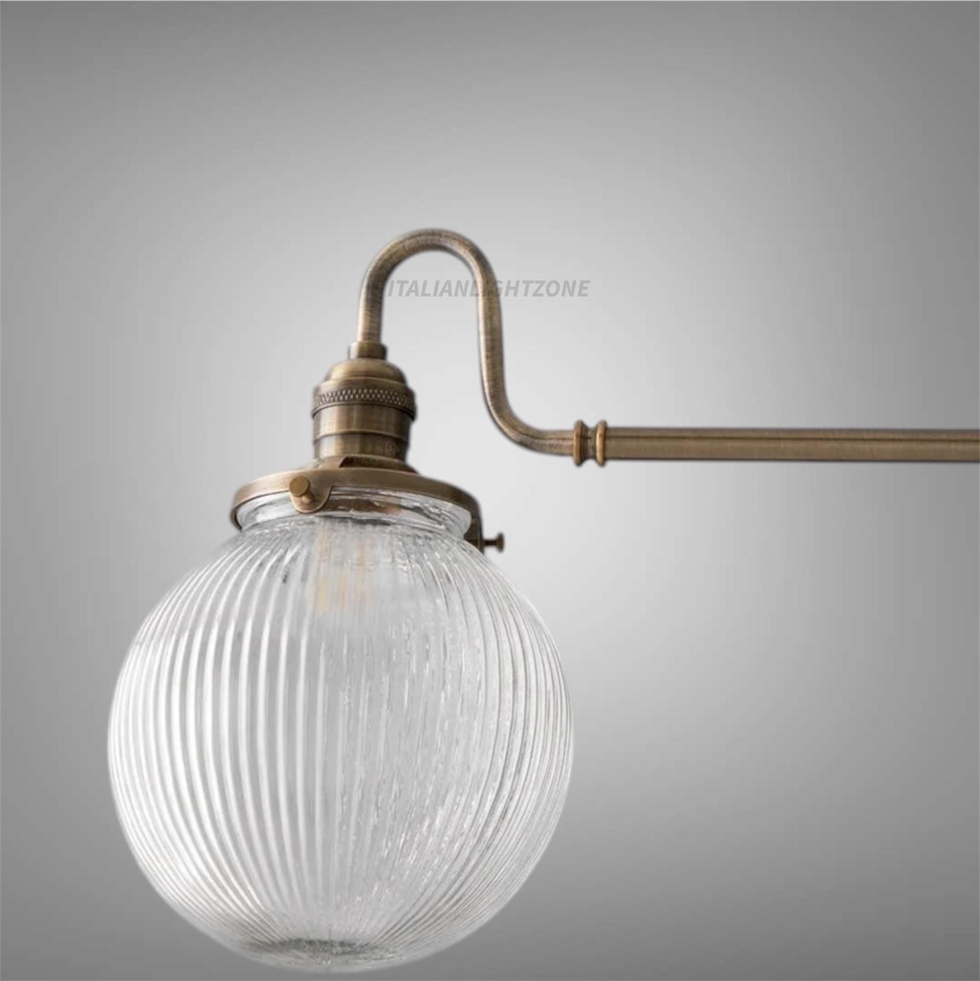 Vintage Brass Chandelier with Ribbed Glass Globes | 2-Light Linear Pendant | Italian Mid-Century Ceiling Light for Kitchen or Dining