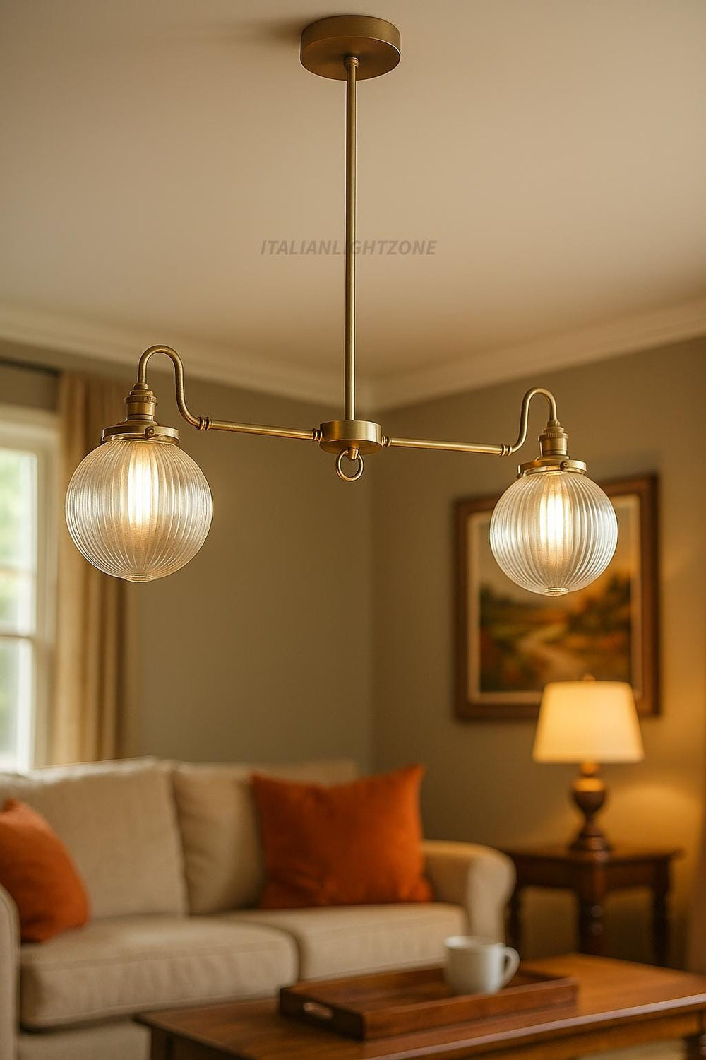 Vintage Brass Chandelier with Ribbed Glass Globes | 2-Light Linear Pendant | Italian Mid-Century Ceiling Light for Kitchen or Dining
