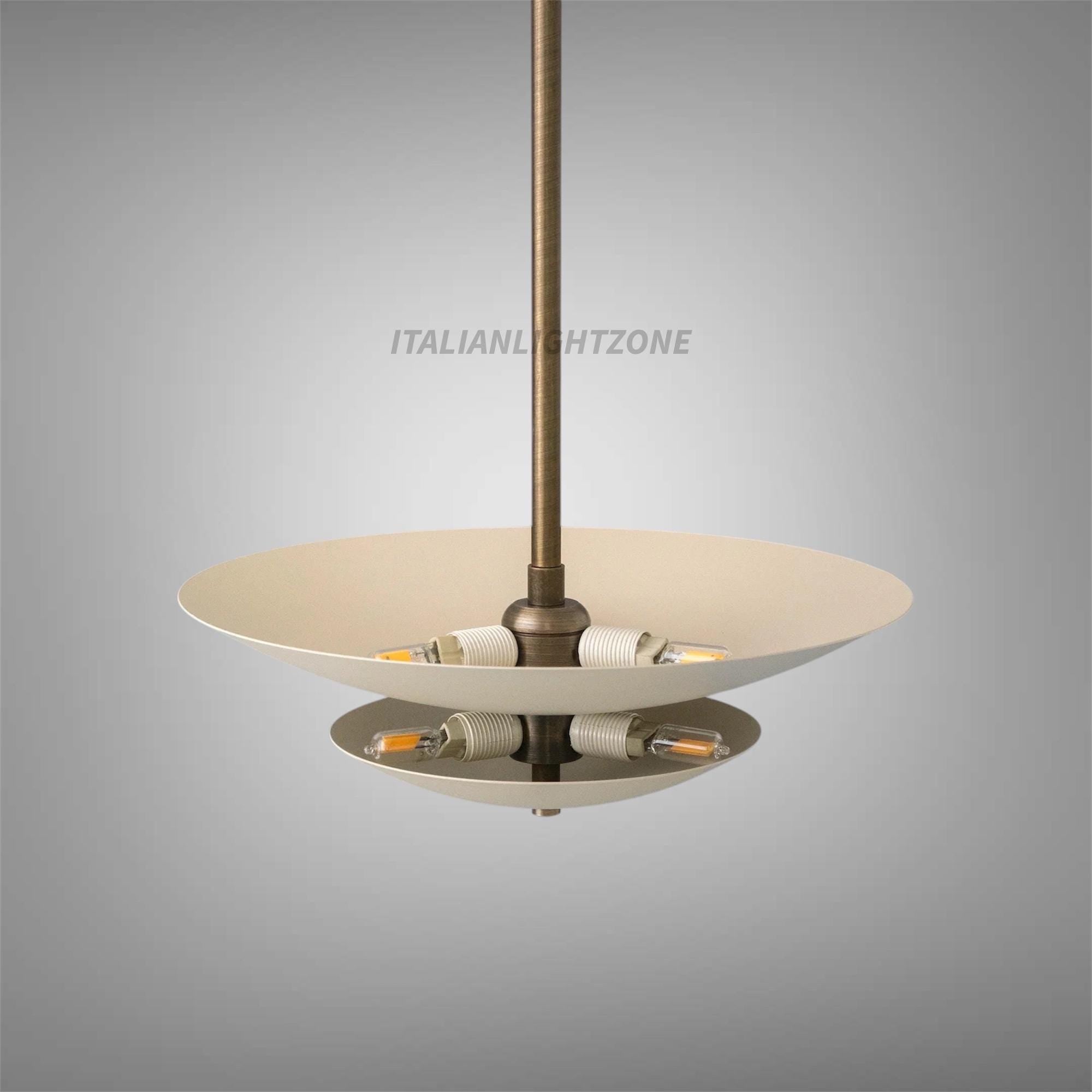 Mid Century Modern Cream Brass Pendant Light, Minimalist Flush Ceiling Fixture, Handmade Sculptural Lighting for Living Room & Dining Room