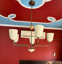 Mid Century Modern Chandelier | 1950s Italian Vintage Ceiling Light | 5-Light Cream Shade Retro Pendant for Living Room