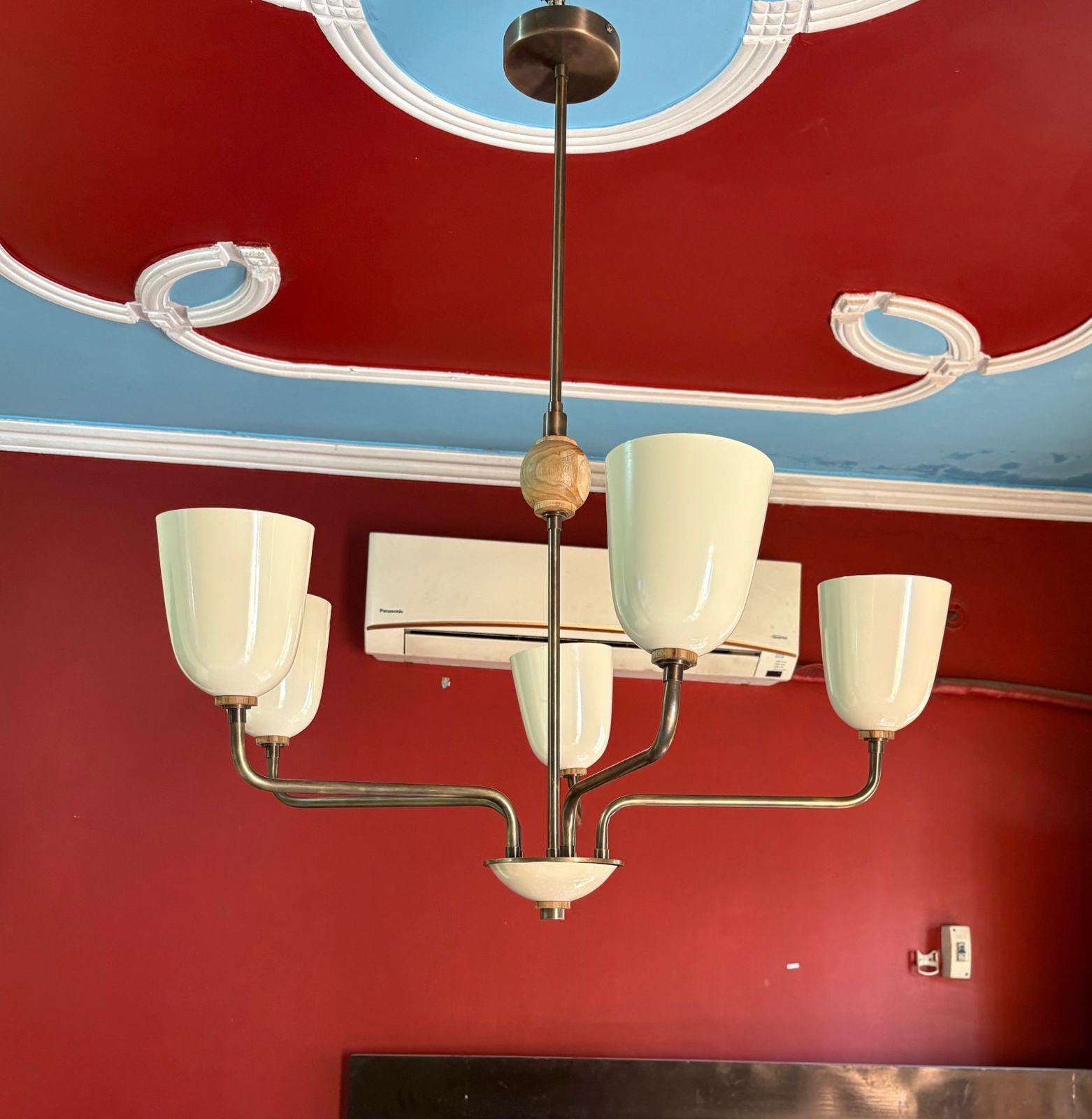 Mid Century Modern Chandelier | 1950s Italian Vintage Ceiling Light | 5-Light Cream Shade Retro Pendant for Living Room
