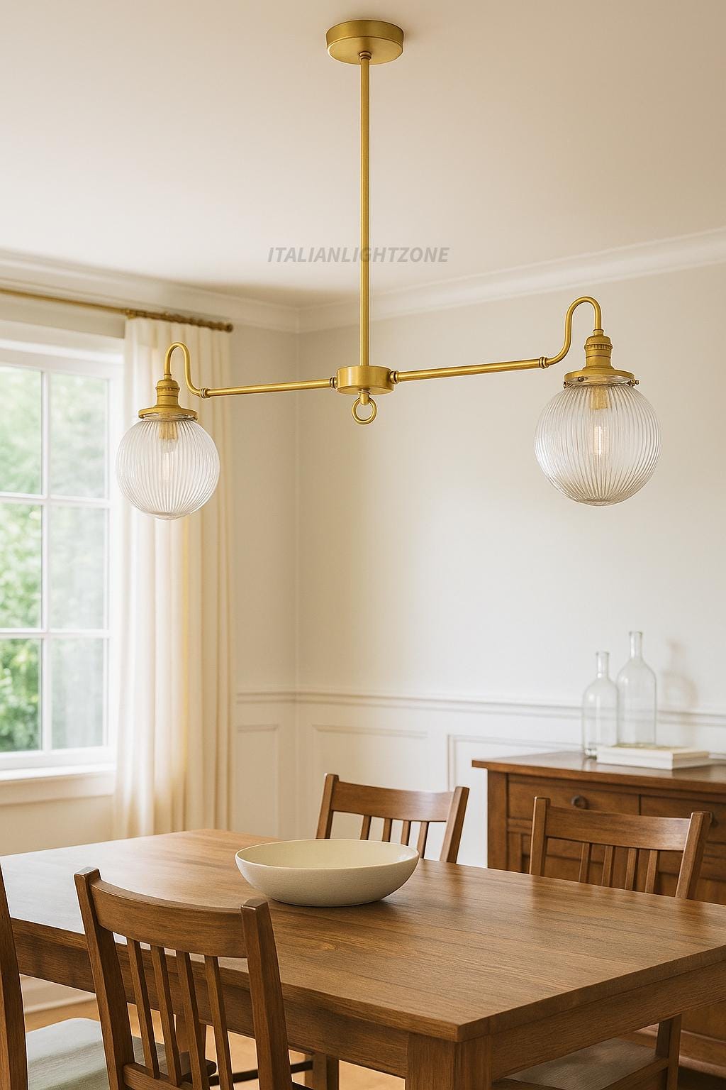 Vintage Brass Chandelier with Ribbed Glass Globes | 2-Light Linear Pendant | Italian Mid-Century Ceiling Light for Kitchen or Dining