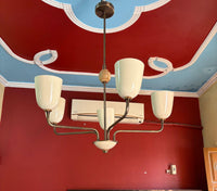 Mid Century Modern Chandelier | 1950s Italian Vintage Ceiling Light | 5-Light Cream Shade Retro Pendant for Living Room