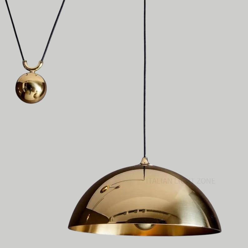 Modern Brass Double Dome Pendant Light – Adjustable Height Ceiling Lamp | MCM Lighting for living room and Christmas best gift