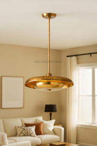 1950s Italian Mid Century Modern Pendant Light Brass & Wood Linear Ceiling Chandelier Minimalist Telfair Pendant Kitchen and Christmas Light