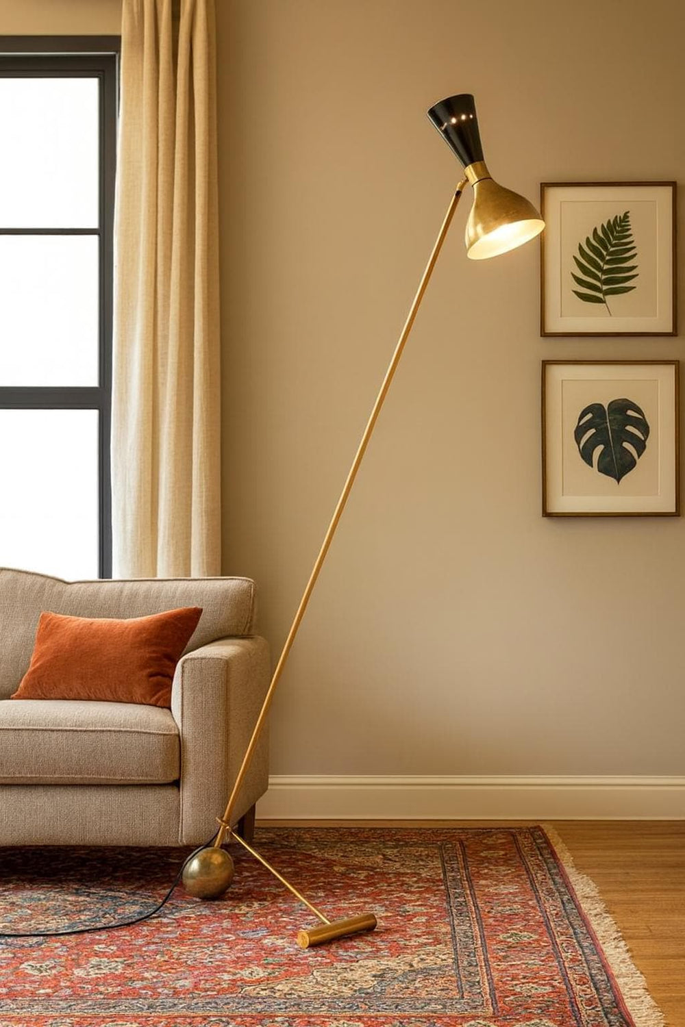 Mid Century Brass Floor Lamp – Handmade Italian Retro Standing Lamp – Adjustable Vintage Cone Shade Lighting – Modern Minimalist Home