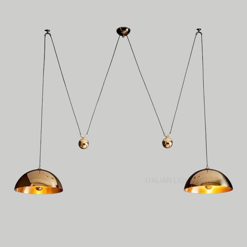 Modern Brass Double Dome Pendant Light – Adjustable Height Ceiling Lamp | MCM Lighting for living room and Christmas best gift