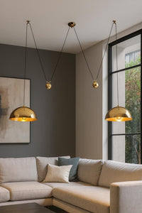 Modern Brass Double Dome Pendant Light – Adjustable Height Ceiling Lamp | MCM Lighting for living room and Christmas best gift