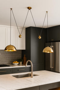 Modern Brass Double Dome Pendant Light – Adjustable Height Ceiling Lamp | MCM Lighting for living room and Christmas best gift