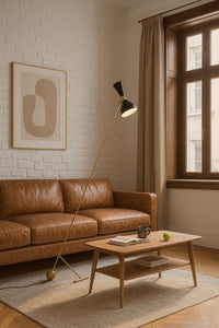 Mid Century Brass Floor Lamp – Handmade Italian Retro Standing Lamp – Adjustable Vintage Cone Shade Lighting – Modern Minimalist Home