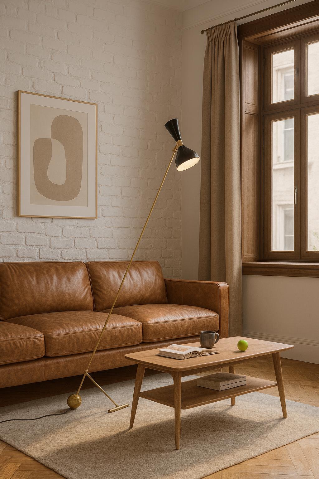 Mid Century Brass Floor Lamp – Handmade Italian Retro Standing Lamp – Adjustable Vintage Cone Shade Lighting – Modern Minimalist Home