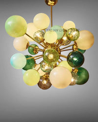 Mid Century Modern Sputnik Chandelier | Murano Opaline Glass Globe Ceiling Light | Italian Stilnovo Brass Pendant | Green Retro Light