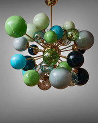 Mid Century Modern Sputnik Chandelier | Murano Opaline Glass Globe Ceiling Light | Italian Stilnovo Brass Pendant | Green Retro Light
