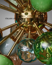 Mid Century Modern Sputnik Chandelier | Murano Opaline Glass Globe Ceiling Light | Italian Stilnovo Brass Pendant | Green Retro Light