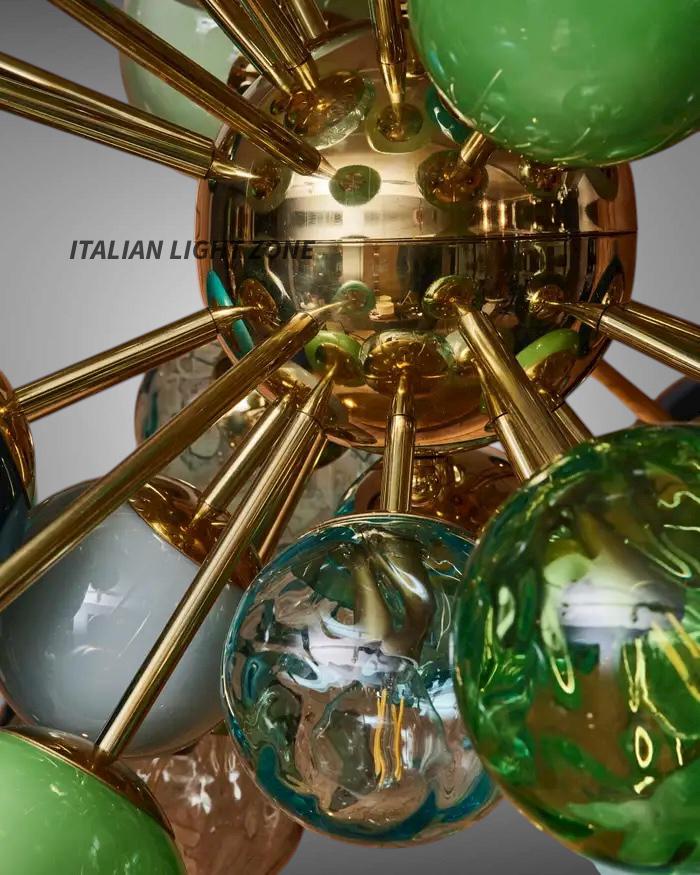 Mid Century Modern Sputnik Chandelier | Murano Opaline Glass Globe Ceiling Light | Italian Stilnovo Brass Pendant | Green Retro Light