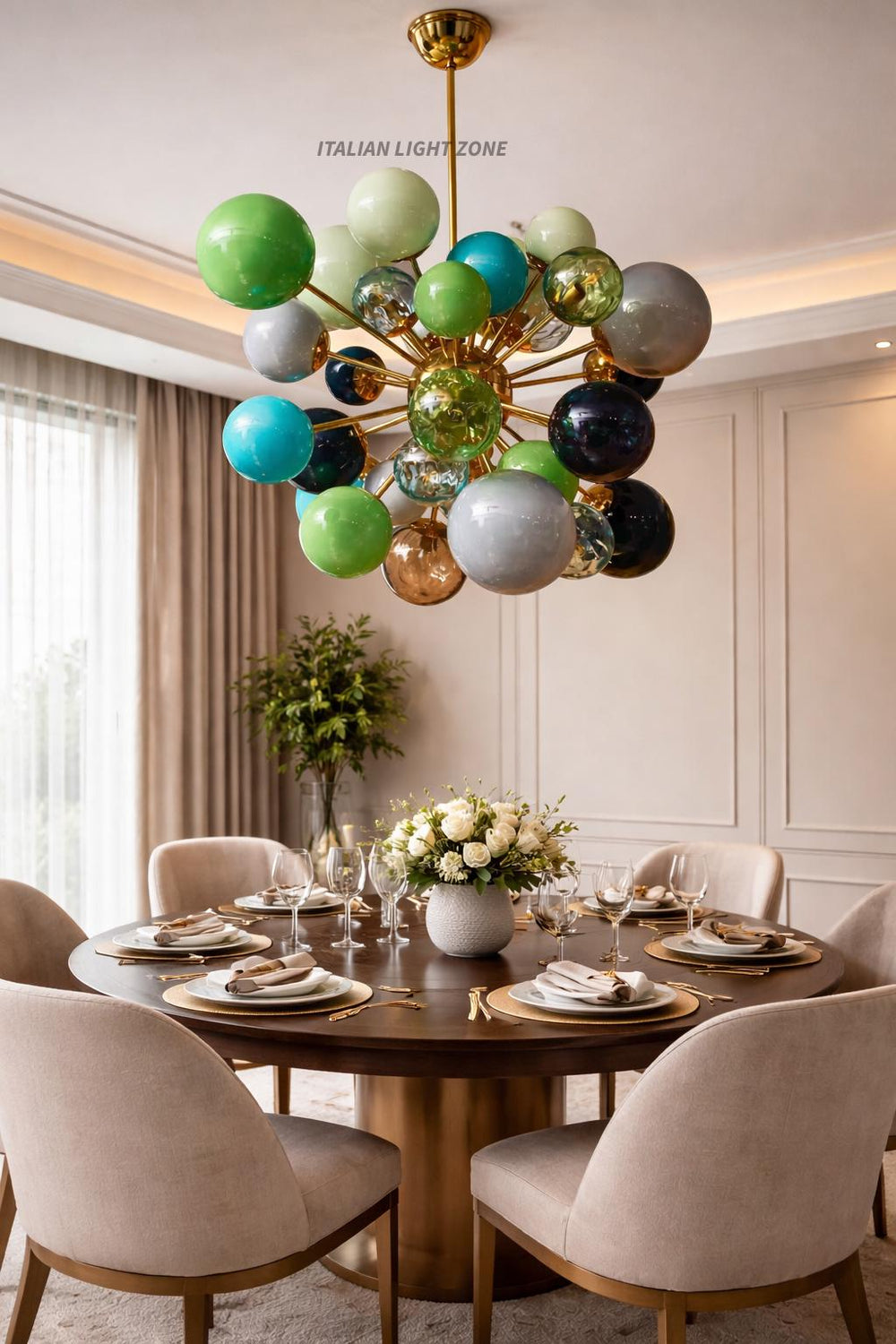 Mid Century Modern Sputnik Chandelier | Murano Opaline Glass Globe Ceiling Light | Italian Stilnovo Brass Pendant | Green Retro Light