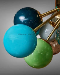 Mid Century Modern Sputnik Chandelier | Murano Opaline Glass Globe Ceiling Light | Italian Stilnovo Brass Pendant | Green Retro Light