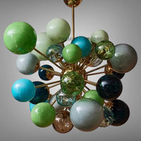 Mid Century Modern Sputnik Chandelier | Murano Opaline Glass Globe Ceiling Light | Italian Stilnovo Brass Pendant | Green Retro Light
