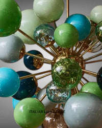 Mid Century Modern Sputnik Chandelier | Murano Opaline Glass Globe Ceiling Light | Italian Stilnovo Brass Pendant | Green Retro Light