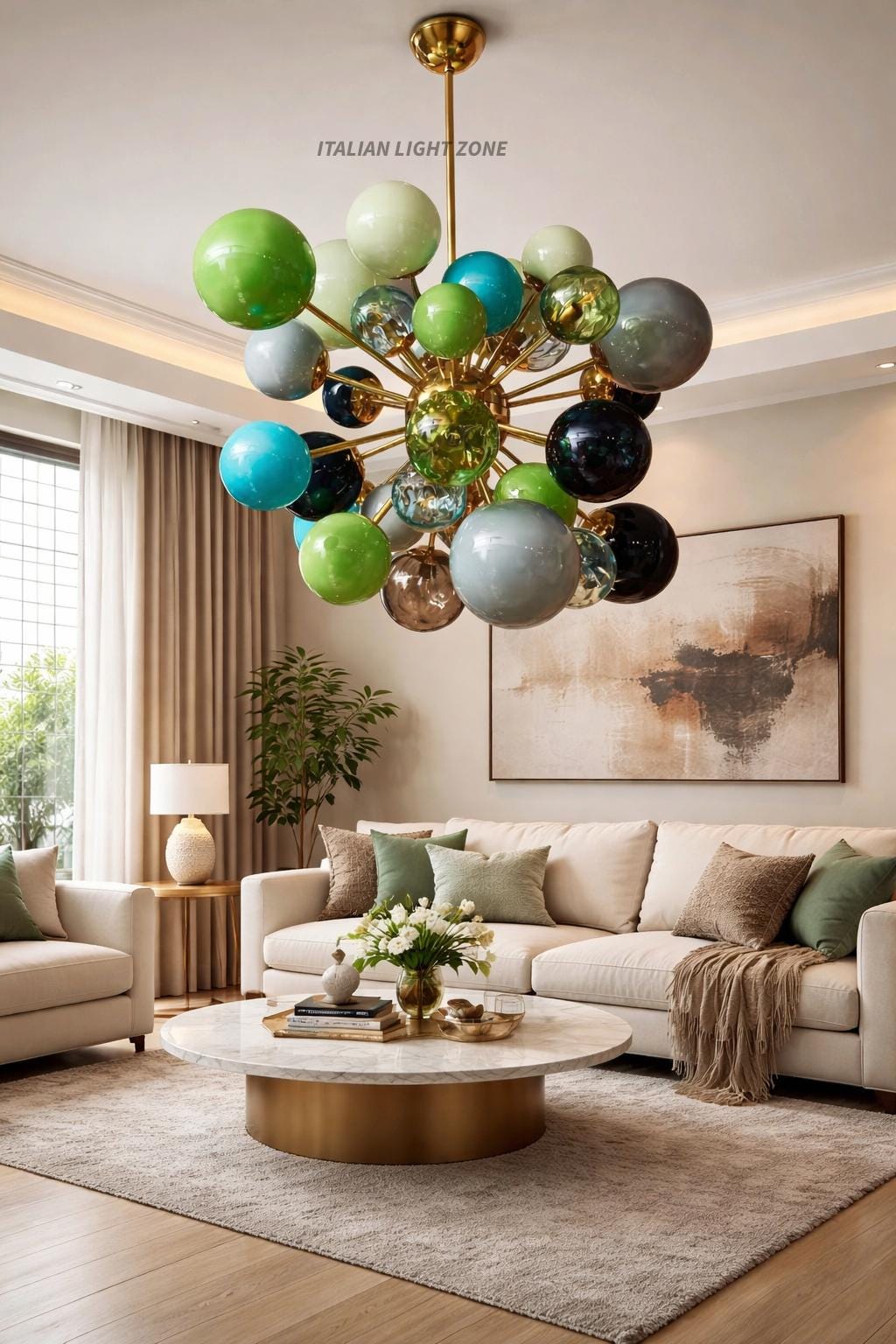 Mid Century Modern Sputnik Chandelier | Murano Opaline Glass Globe Ceiling Light | Italian Stilnovo Brass Pendant | Green Retro Light