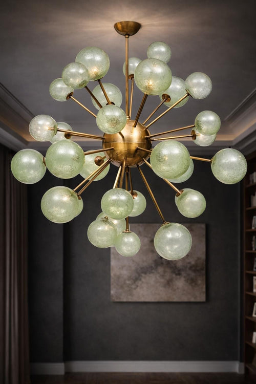 1950s Mid Century Modern Brass Glass Globe Sputnik Chandelier | Retro Ceiling Light Pendant Lighting for Dining Room, Bedroom & Living Room