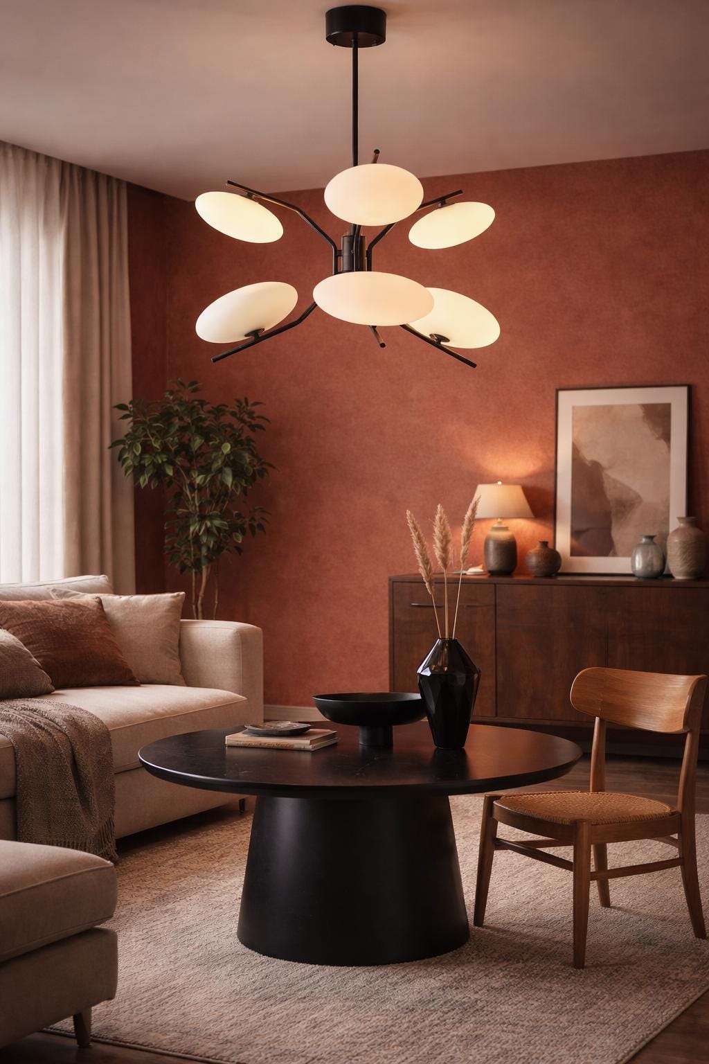 Mid Century Modern 6 Light Sputnik Chandelier | Black Ceiling Light with Glass Globe Shades | Dining Room Lighting