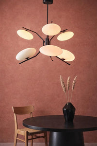 Mid Century Modern 6 Light Sputnik Chandelier | Black Ceiling Light with Glass Globe Shades | Dining Room Lighting