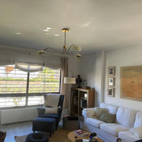 Handmade 3 Light Mid Century Modern Brass Chandelier | White Curved Shades Sputnik Ceiling Light | Semi Flush Mount Pendant Fixture