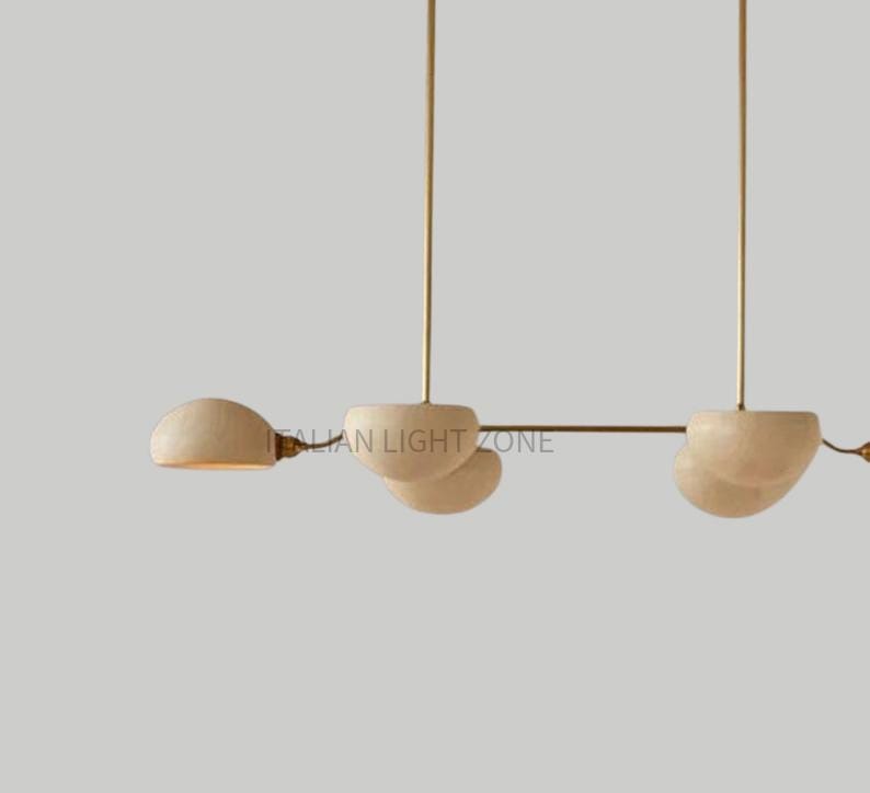 Mid Century Modern Italian Brass Chandelier with  metal Shades – Handmade Linear Pendant Light for Dining Room Kitchen Island