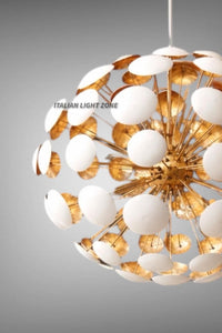 Mid Century Modern Dandelion Sputnik Chandelier, Brass Italian Stilnovo Style Pendant Light, White Disc Ceiling Light, Modern Dining Room