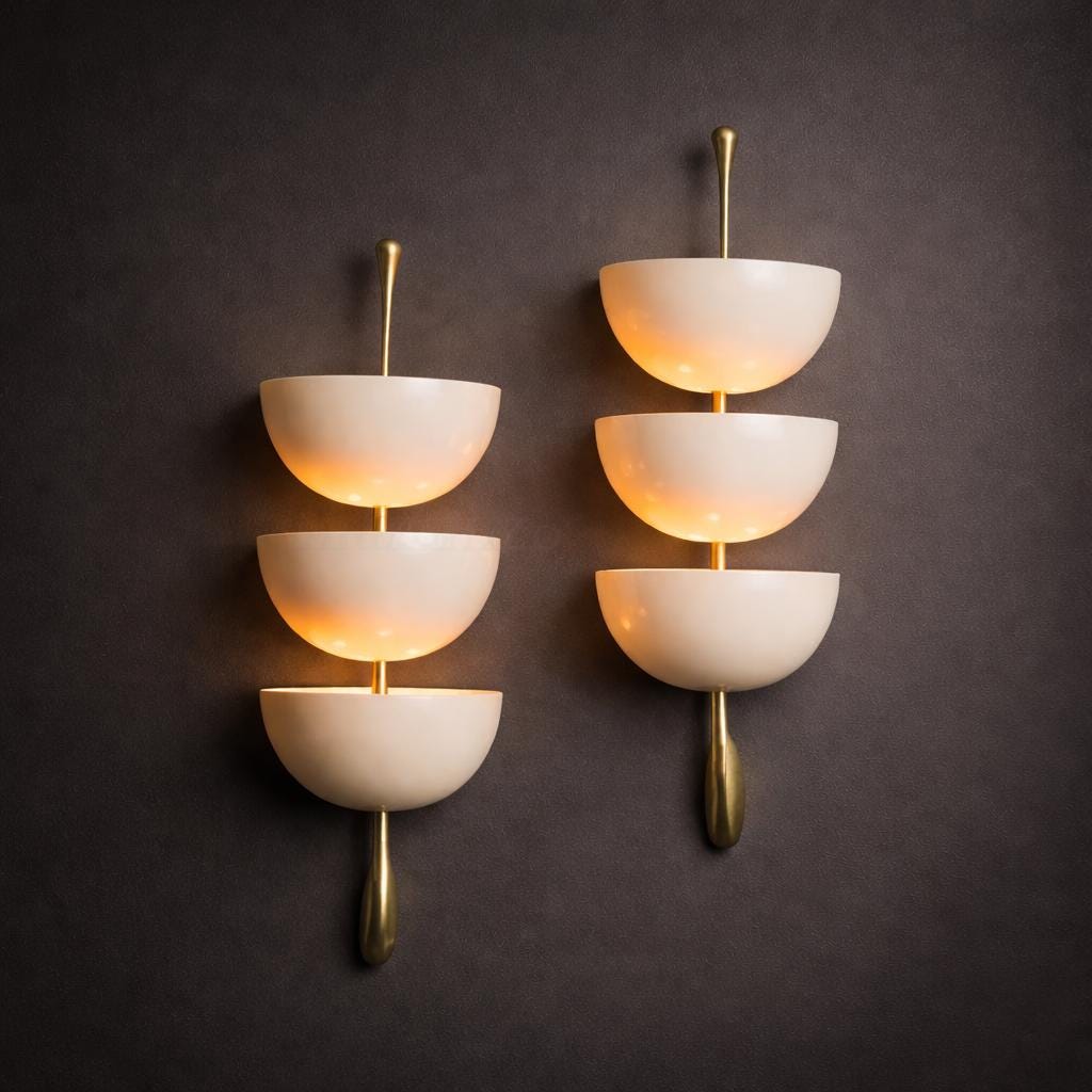 Pair of Mid-Century Opaline Glass Wall Sconces – Italian Stilnovo Style – Brass Vintage Industrial Light – Retro Modern Wall Fixture