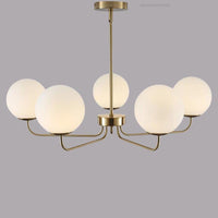 Mid Century Modern 5 Light Globe Chandelier, Brass Sputnik Linear Pendant, Frosted Ceiling Light Fixture for living room & Entryway