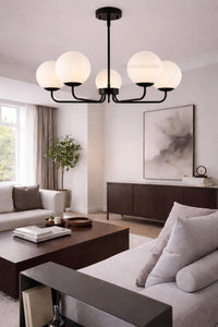 Mid Century Modern 5 Light Globe Chandelier, Brass Sputnik Linear Pendant, Frosted Ceiling Light Fixture for living room & Entryway