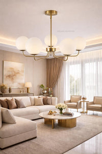 Mid Century Modern 5 Light Globe Chandelier, Brass Sputnik Linear Pendant, Frosted Ceiling Light Fixture for living room & Entryway