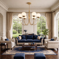 Mid Century Modern 6-Light Brass Chandelier with Frosted Globes – Elegant Ceiling Pendant Light Fixture for Living Room Dining Room