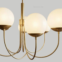 Mid Century Modern 6-Light Brass Chandelier with Frosted Globes – Elegant Ceiling Pendant Light Fixture for Living Room Dining Room