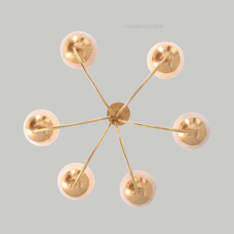 Mid Century Modern 6-Light Brass Chandelier with Frosted Globes – Elegant Ceiling Pendant Light Fixture for Living Room Dining Room