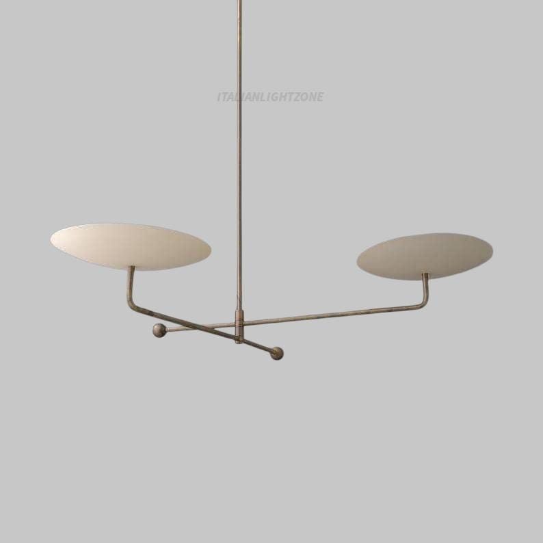 Mid Century Modern Linear Chandelier – Antique Brass Double Disc Ceiling Light, Minimalist 2-Light Italian Style Pendant Fixture