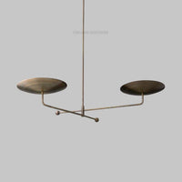 Mid Century Modern Linear Chandelier – Antique Brass Double Disc Ceiling Light, Minimalist 2-Light Italian Style Pendant Fixture