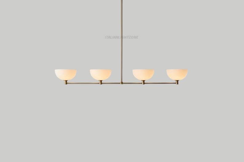 Mid Century Modern Brass Linear Chandelier – 4 Light Kitchen Island Pendant, Minimalist Bowl Shade Ceiling Light, Modern Dining Room Fixture