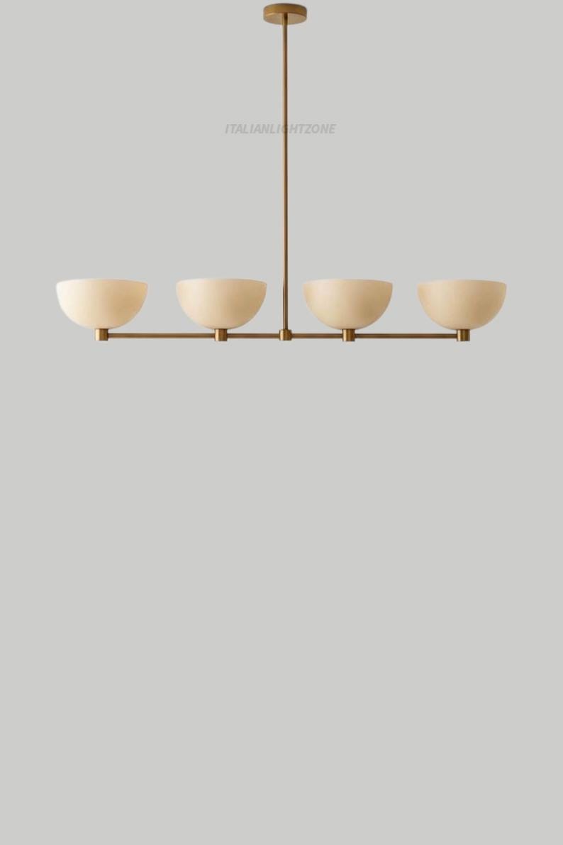 Mid Century Modern Brass Linear Chandelier – 4 Light Kitchen Island Pendant, Minimalist Bowl Shade Ceiling Light, Modern Dining Room Fixture