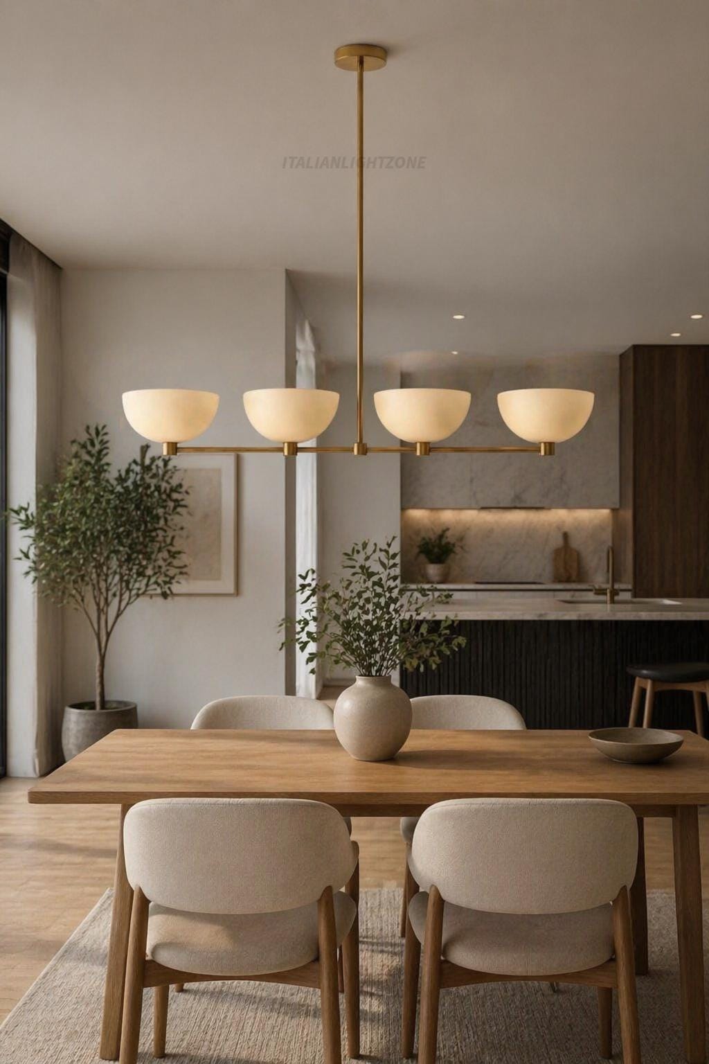 Mid Century Modern Brass Linear Chandelier – 4 Light Kitchen Island Pendant, Minimalist Bowl Shade Ceiling Light, Modern Dining Room Fixture