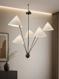 Modern 5-Light Cone Pendant Chandelier – Mid Century Brass Multi Arm Ceiling Light with White Shades Light Fixture For Living room & dining