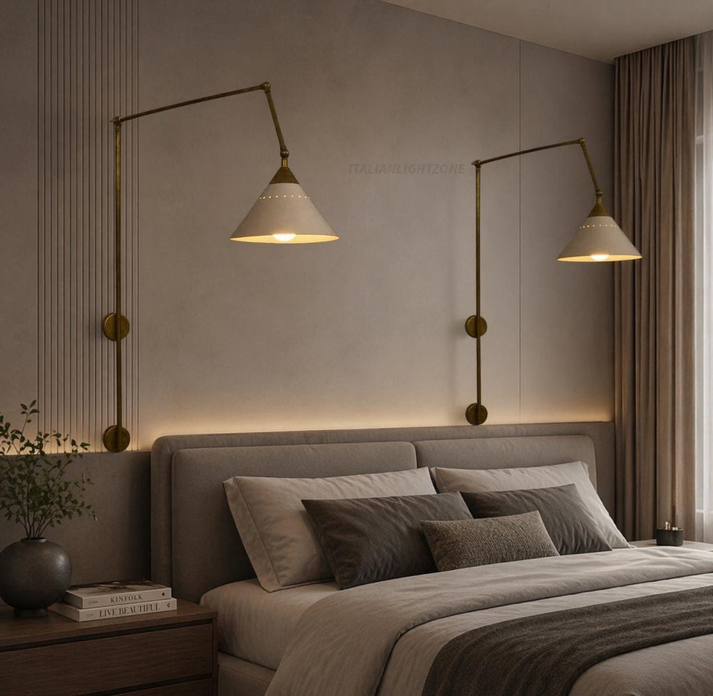 Modern Adjustable Brass Swing Arm Wall Lamp with Dual Cone Shades – Mid Century Industrial Sconce Lighting Fixture for bedroom & living room