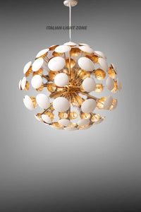 Mid Century Modern Dandelion Sputnik Chandelier, Brass Italian Stilnovo Style Pendant Light, White Disc Ceiling Light, Modern Dining Room