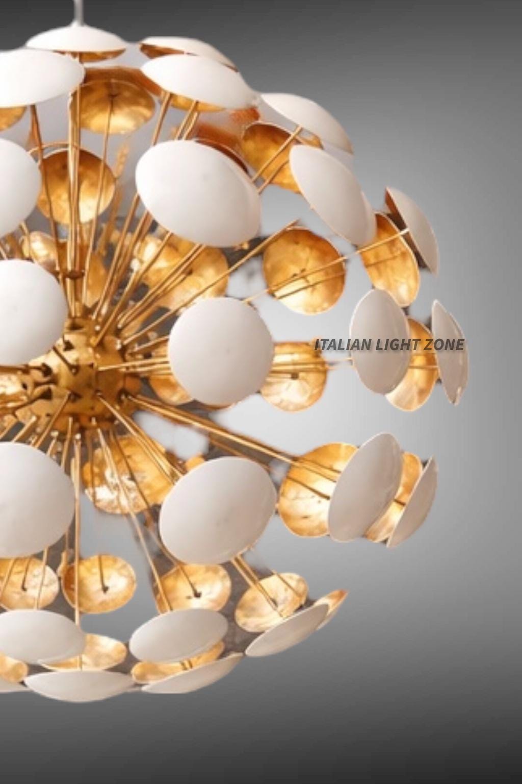 Mid Century Modern Dandelion Sputnik Chandelier, Brass Italian Stilnovo Style Pendant Light, White Disc Ceiling Light, Modern Dining Room
