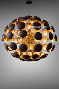 Mid Century Modern Dandelion Sputnik Chandelier, Brass Italian Stilnovo Style Pendant Light, White Disc Ceiling Light, Modern Dining Room