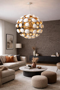 Mid Century Modern Dandelion Sputnik Chandelier, Brass Italian Stilnovo Style Pendant Light, White Disc Ceiling Light, Modern Dining Room