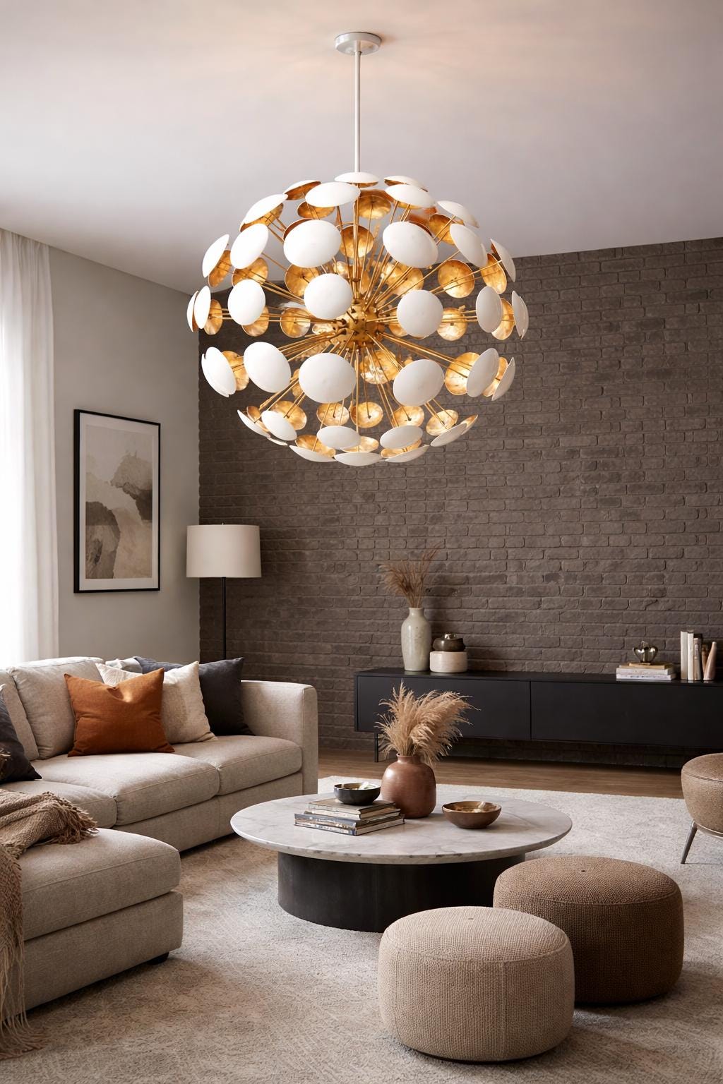 Mid Century Modern Dandelion Sputnik Chandelier, Brass Italian Stilnovo Style Pendant Light, White Disc Ceiling Light, Modern Dining Room