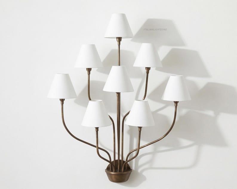 Modern  Brass wall sconce with White Fabric Shades – Mid Century Multi Arm Ceiling Light Fixture for Living Room, Dining Room, Bedroom Décor